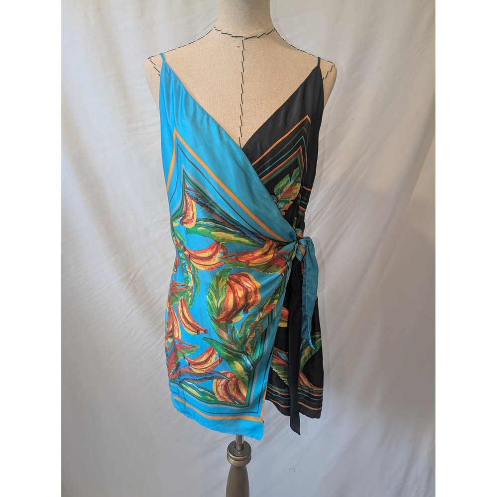 Farm Rio Womens Tropical Banana Print Mini Wrap Dress Blue Black Scarf Print - Picture 2 of 10
